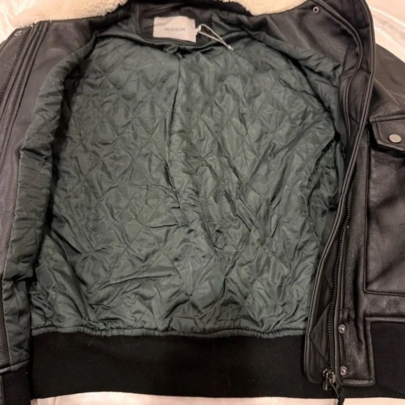 Hudson Womens Oversized Faux Leather Bomber Jacket Medium Black Shearling Edgy - Picture 12 of 15
